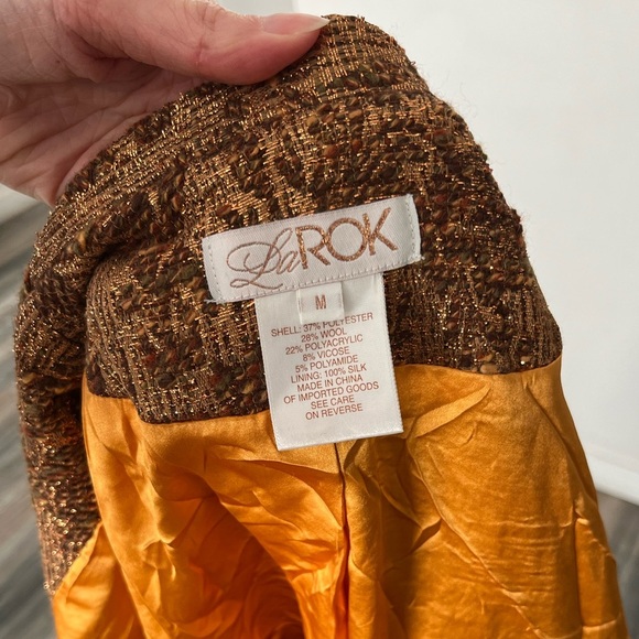 Vintage Festive 100% Silk Lined Gold & Brown Long Blazer Jacket - Picture 4 of 7